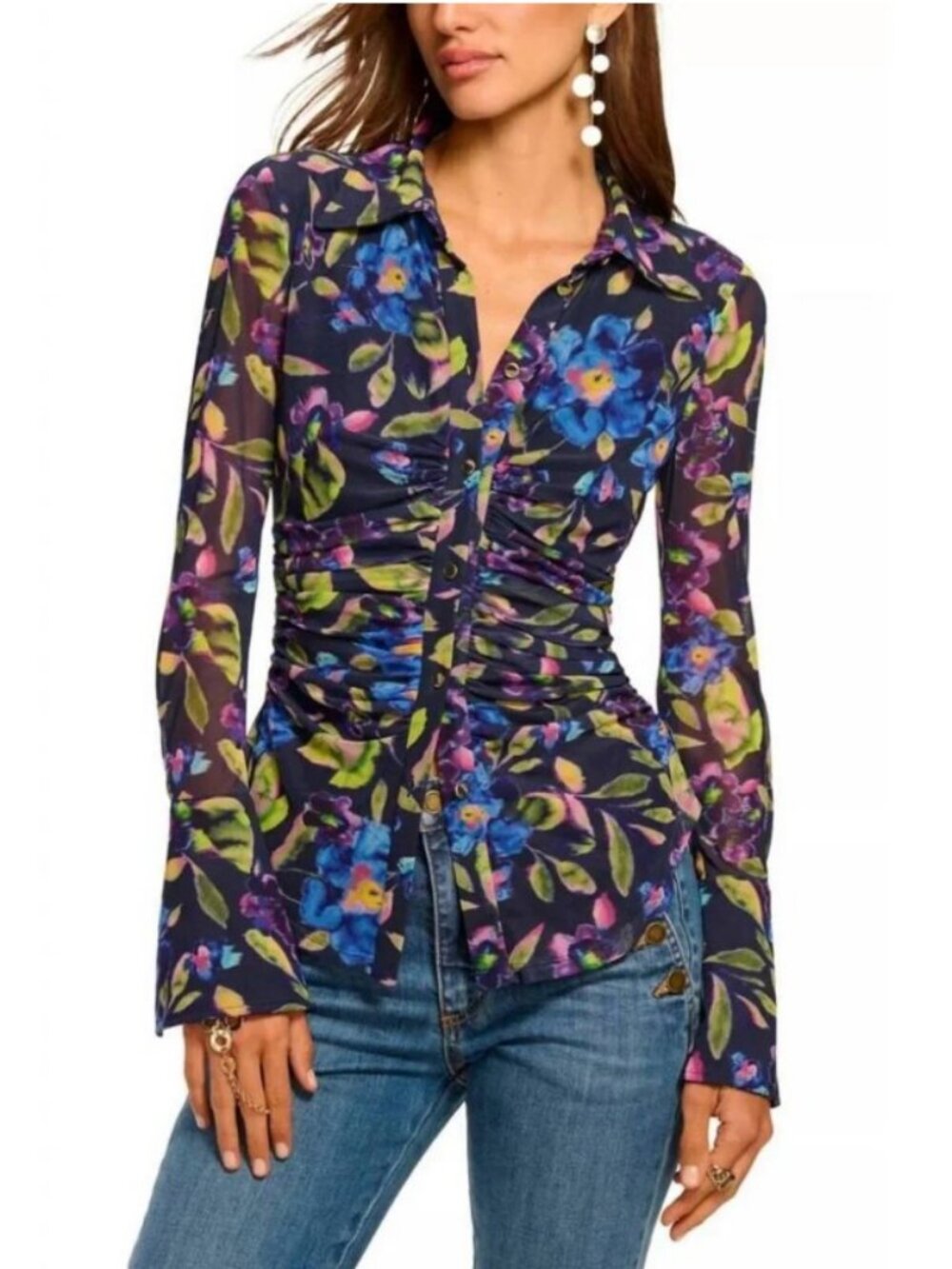 Ramy Brook Talisa Mesh Long Sleeve Button Down Top Size Medium